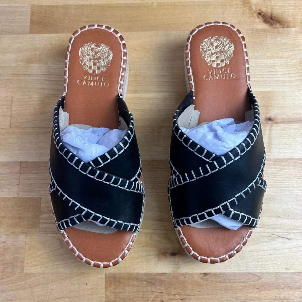 Vince‎ Camuto Belisnda Black Leather Espadrille Platform Slide Sandals Size 7 W